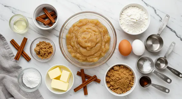 Essential baking ingredients for applesauce coffee cake recipe